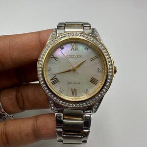 Citizen Eco Drive Watch Women Silver Gold MOP Dial Crystal Bezel Solar Powered